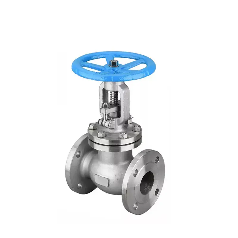 Manual stainless steel flanged globe valve, front view showing handwheel and body structure