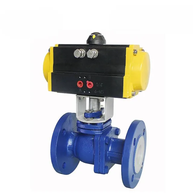 Body marking and identification detail on pneumatic PTFE-lined flanged ball valve