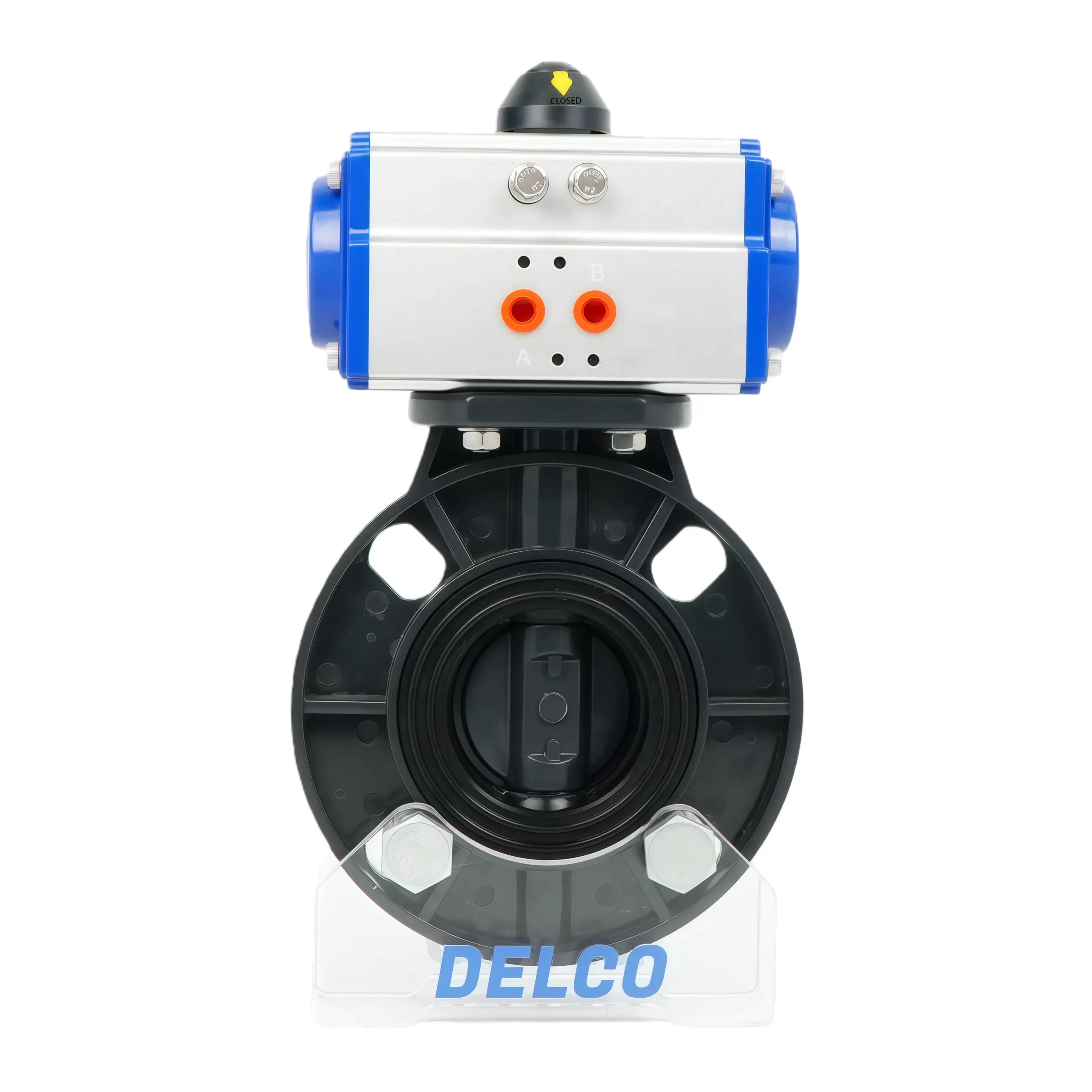 Front view of a pneumatic UPVC wafer butterfly valve with actuator, showing the valve body and disc structure.