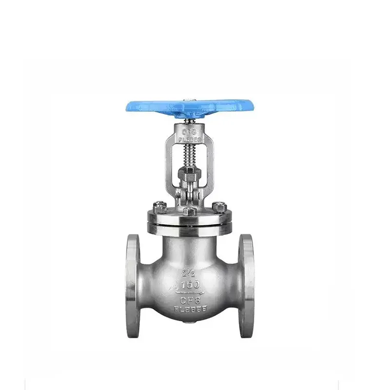 Close-up of stainless steel flanged connection on manual globe valve, corrosion-resistant finish