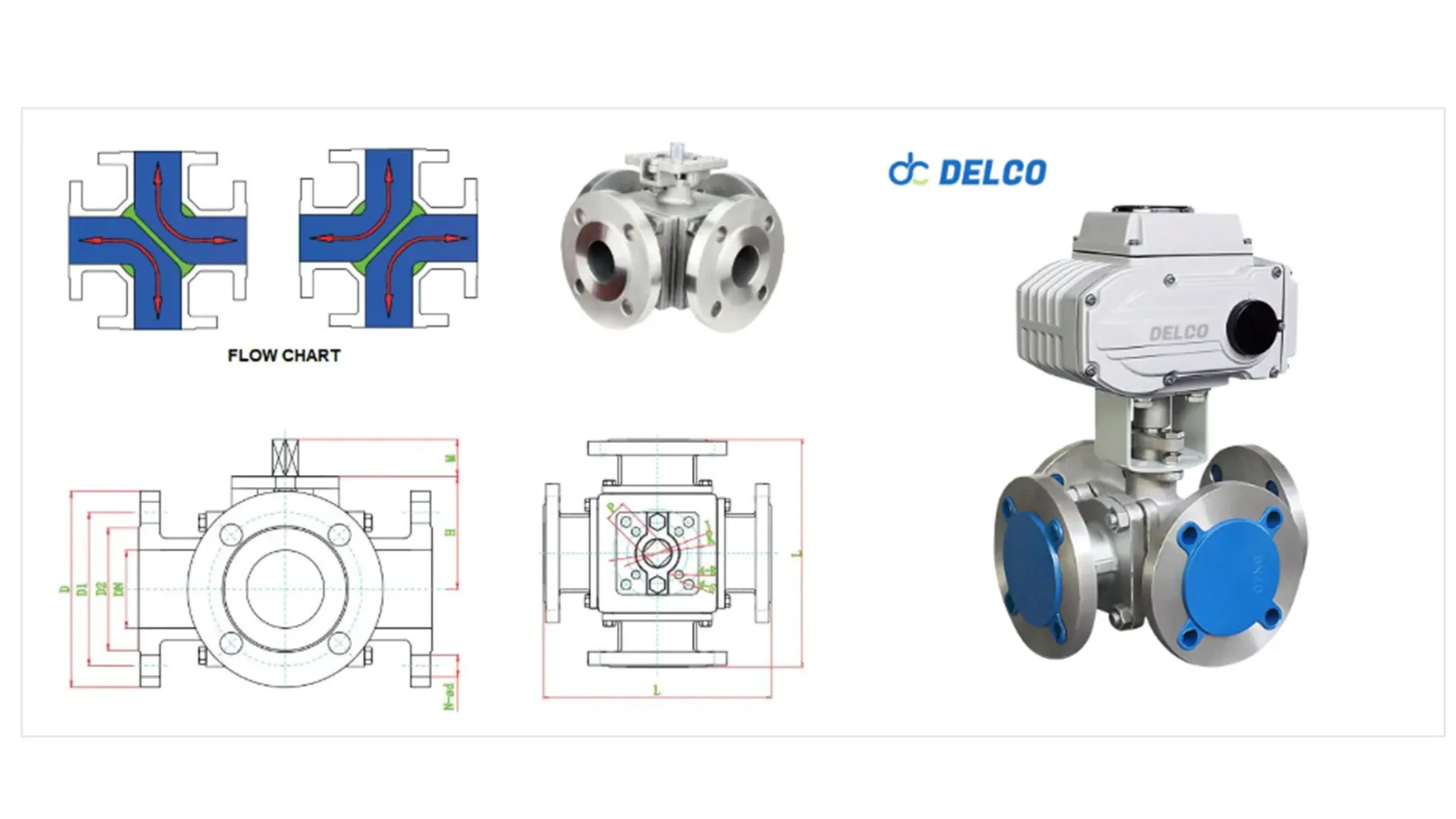 Four-way-flange-electric-ball-valve-and-drawing.